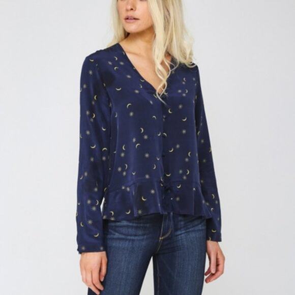 NWT Rails Beaux Ruffle Waist Navy Crescent Moon Silk Blouse -XS - Picture 7 of 13